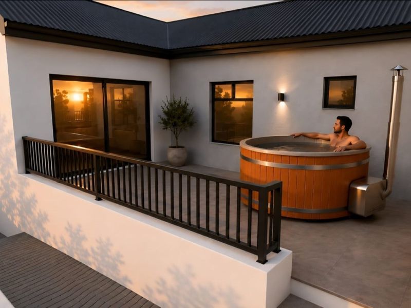 A modern elevated patio featuring a wood-fired hot tub, sleek metal balustrades, and large sliding glass doors, perfect for outdoor relaxation.