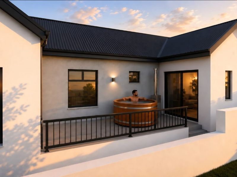 A modern patio area featuring a wooden hot tub, black metal railings, and sliding glass door access to the home interior.