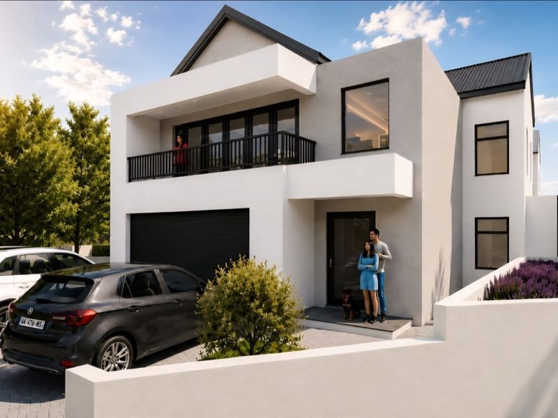 Modern double-story residential facade featuring a balcony, paved driveway, and integrated double garage with contemporary architectural finishes.