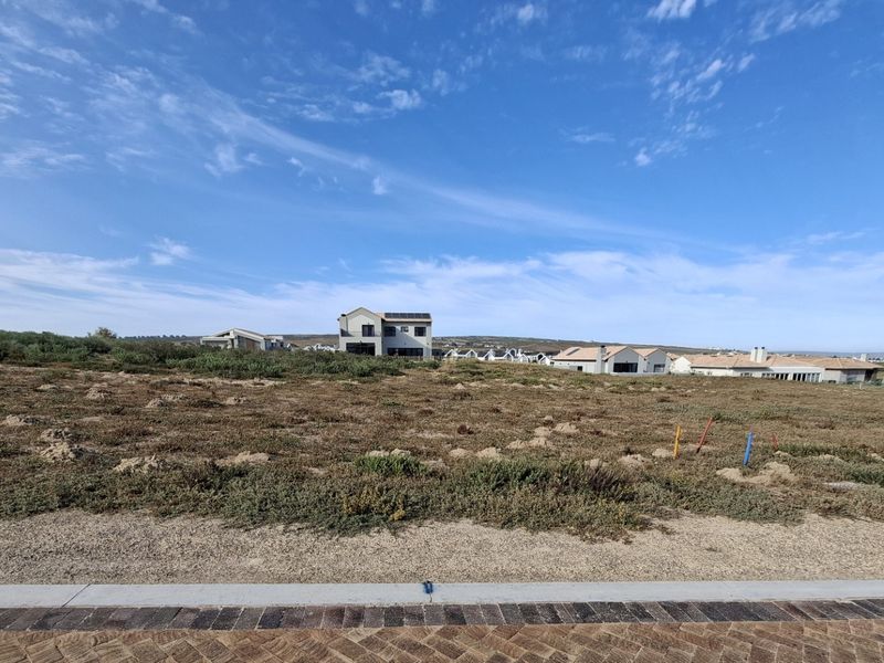 A vacant residential plot featuring natural vegetation, paved verge, and survey markers, situated in a developed estate with surrounding residential properties.