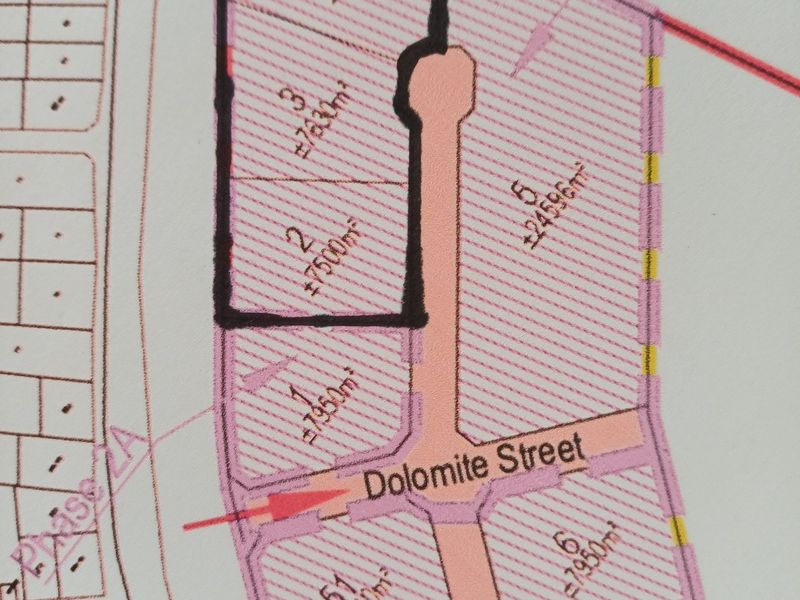 A site layout plan showing industrial plot subdivisions along Dolomite Street, including individual erf sizes and road access points.
