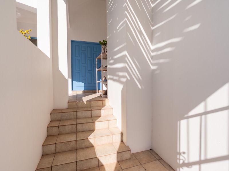 A bright entrance area featuring a tiled staircase leading up to a blue panelled front door with natural light casting decorative shadows.