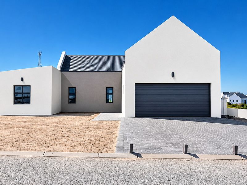 Modern single-story house featuring a clean white facade, dark metal roof, double garage, and a paved driveway with an unfinished garden area.