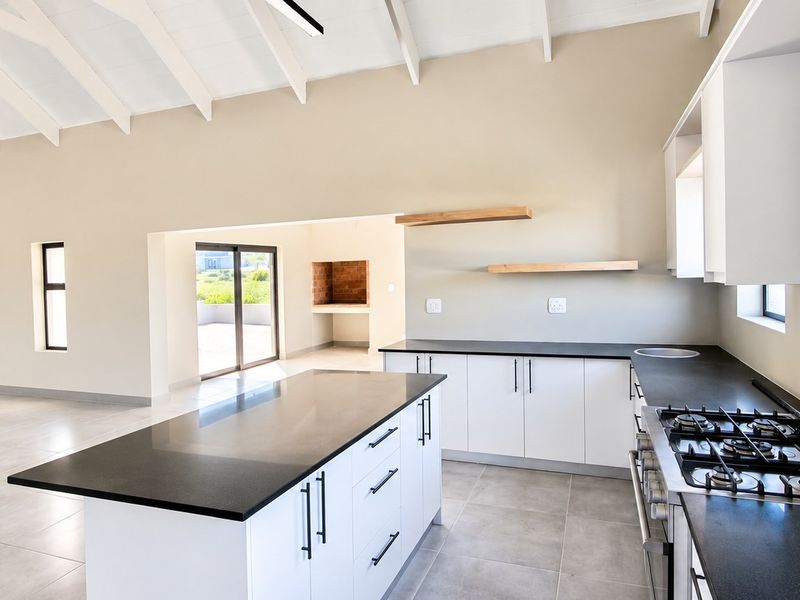 Spacious open-plan kitchen and living area featuring a modern island, gas hob, vaulted ceilings, and a built-in braai in the adjacent space.