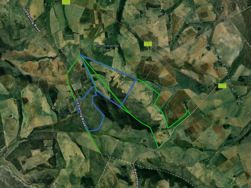 An aerial satellite view showing the farm land boundaries and surrounding road access near the Januarieskraal Dam.