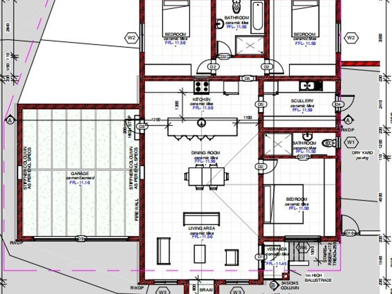 Architectural floor plan showing a three-bedroom house layout with open-plan living, kitchen, scullery, garage, and veranda.