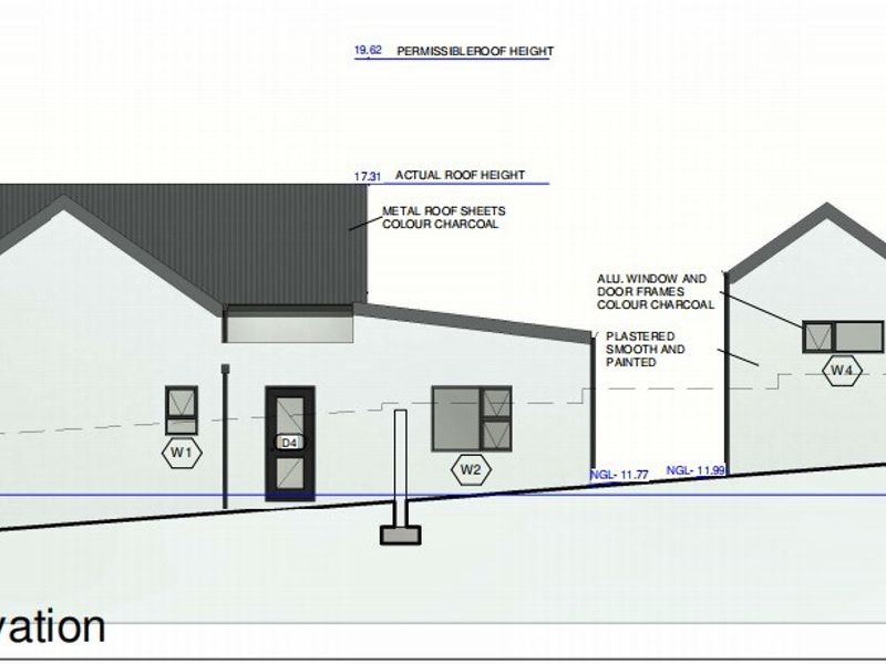 Architectural eastern elevation drawing showing the proposed building facade, roof height, and exterior finishes.