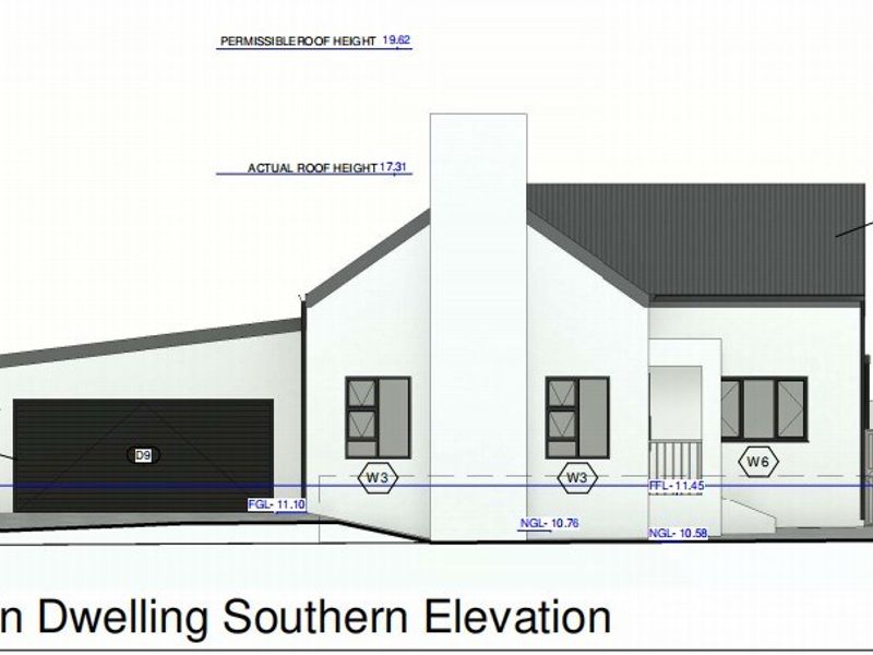 Architectural elevation drawing showing the southern facade of the main dwelling with charcoal metal roofing and aluminium window frames.