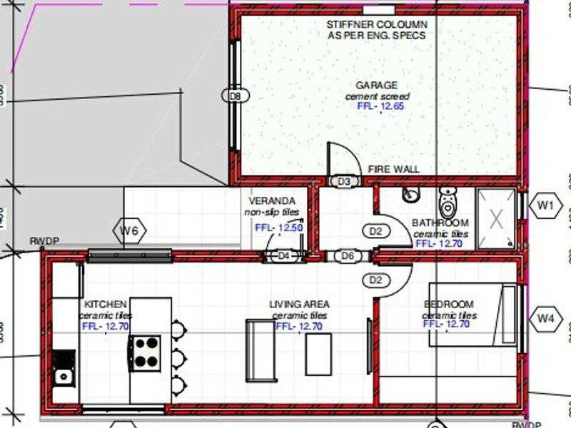 Architectural floor plan showing the layout of a house including a garage, veranda, kitchen, living area, bedroom, and bathroom.