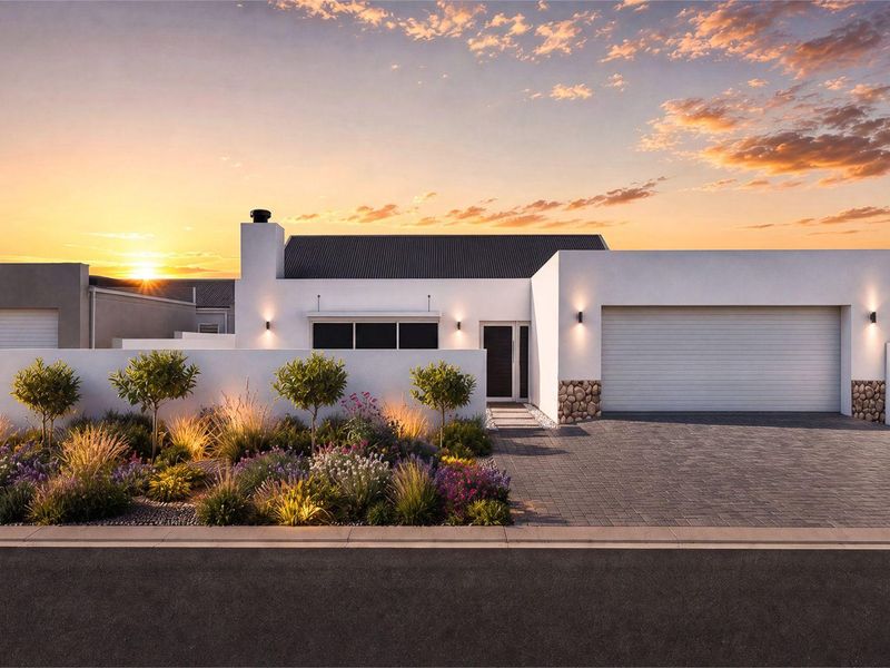 Modern single-story residence featuring a clean white facade, stone accents, paved driveway, and integrated garage at sunset.