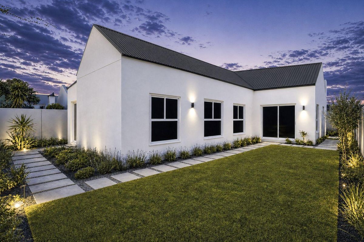 A beautifully maintained rear exterior view of a modern home featuring a clean white facade, dark metal roof, and landscaped garden with paved pathways.