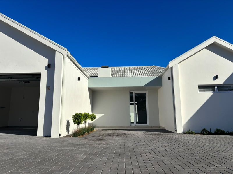 Modern front elevation featuring a paved driveway, integrated garage, and a clean, minimalist facade with a glass entrance door.