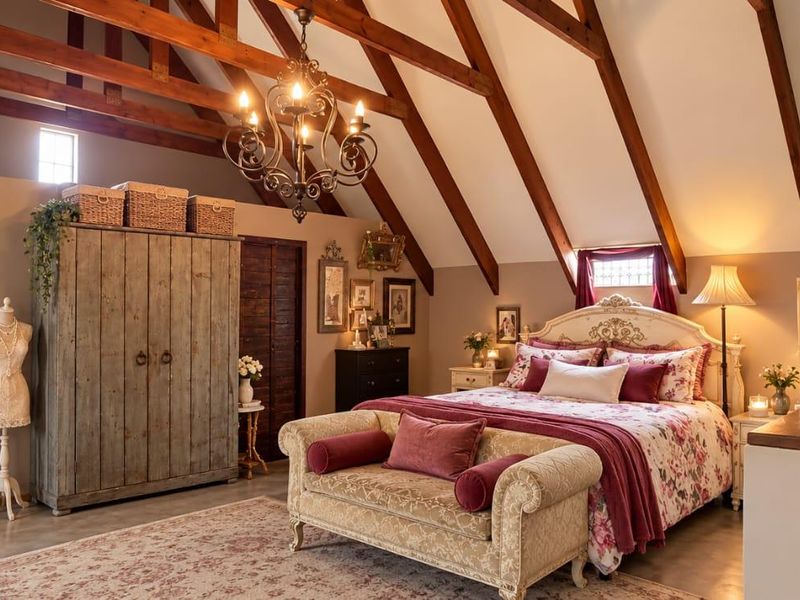 Spacious bedroom featuring a vaulted ceiling with exposed timber trusses, polished concrete floors, and a decorative wrought iron chandelier.