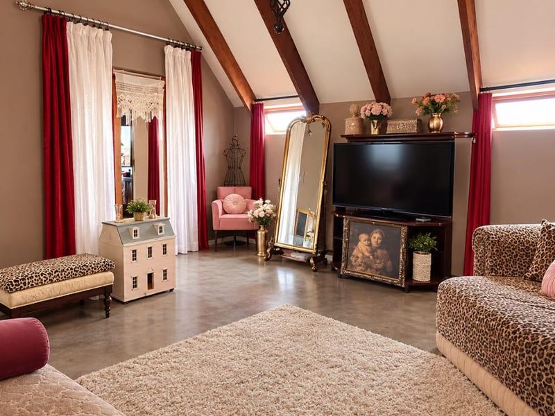Spacious living area featuring a vaulted ceiling with exposed timber beams, polished concrete floors, and natural light from skylights.