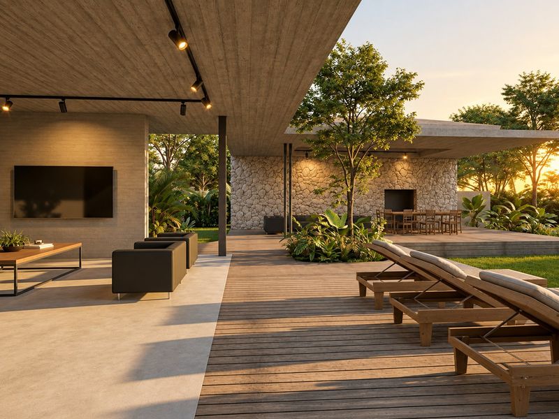 A modern, expansive covered patio featuring timber decking, a stone feature wall, built-in fireplace, and integrated track lighting, overlooking a landscaped garden.