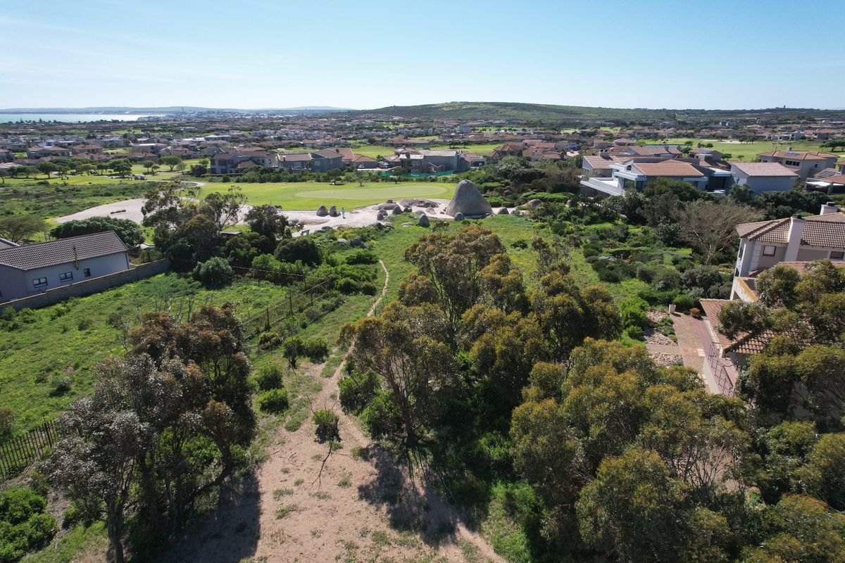 Aerial view of a vacant residential plot featuring established trees and natural vegetation, situated within a developed coastal estate.
