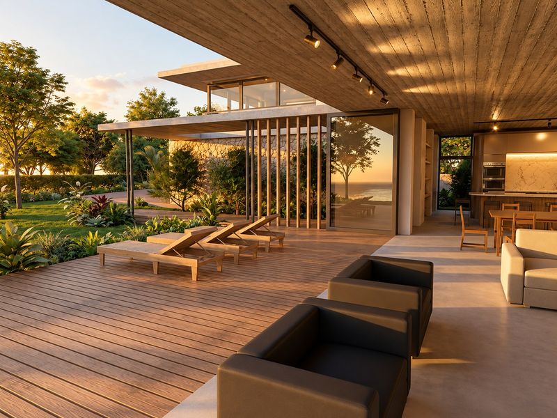 A modern covered patio featuring timber decking, concrete ceilings with track lighting, and seamless indoor-outdoor flow overlooking a landscaped garden and ocean view.