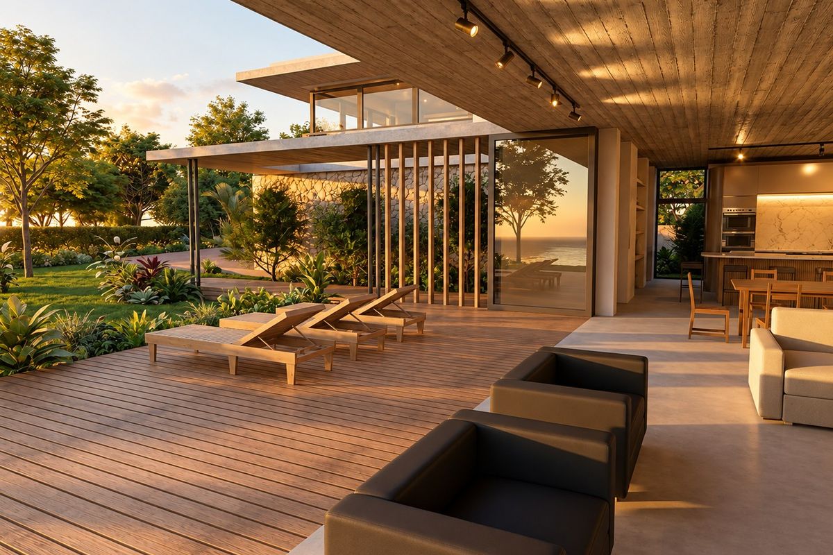 A modern covered patio featuring timber decking, concrete ceilings with track lighting, and seamless indoor-outdoor flow overlooking a landscaped garden and ocean view.