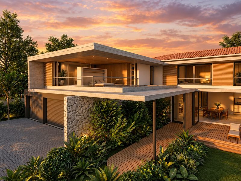 A modern architectural residence featuring a concrete cantilevered upper level, stone accents, timber decking, and seamless indoor-outdoor flow at sunset.