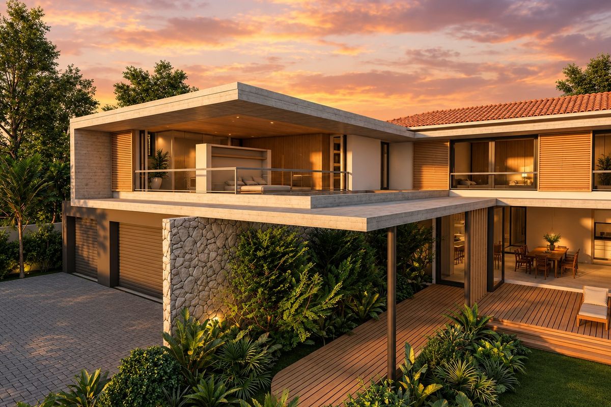 A modern architectural residence featuring a concrete cantilevered upper level, stone accents, timber decking, and seamless indoor-outdoor flow at sunset.