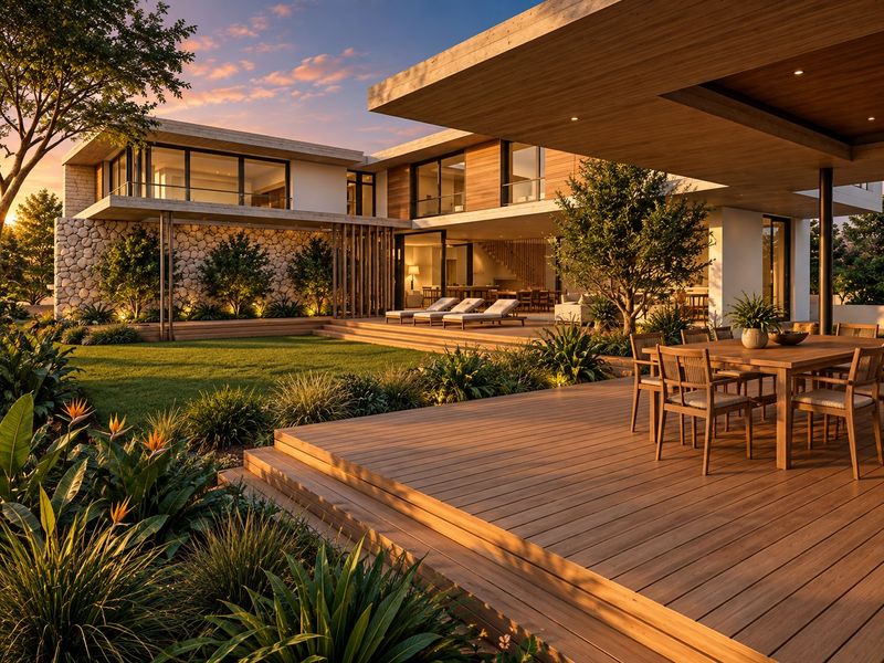 A luxurious rear exterior view featuring expansive timber decking, stone wall accents, and a beautifully landscaped garden with integrated lighting.