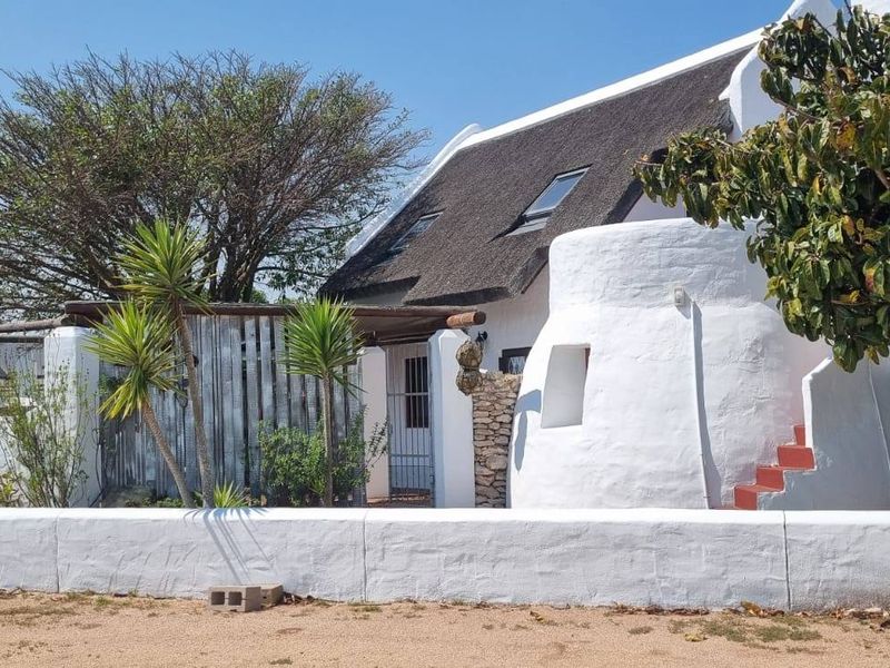 A charming cottage-style home featuring a traditional thatched roof, white masonry walls, and a private front courtyard area.