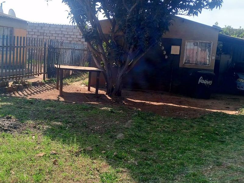 A view of the rear yard featuring a mature tree, metal perimeter fencing, and a single-story dwelling with basic exterior finishes.