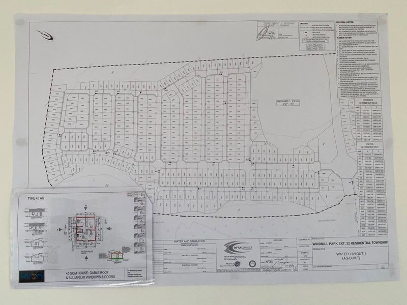 An as-built water layout plan for Windmill Park Extension 32, including a detailed site map and a floor plan for a 45 sqm house.