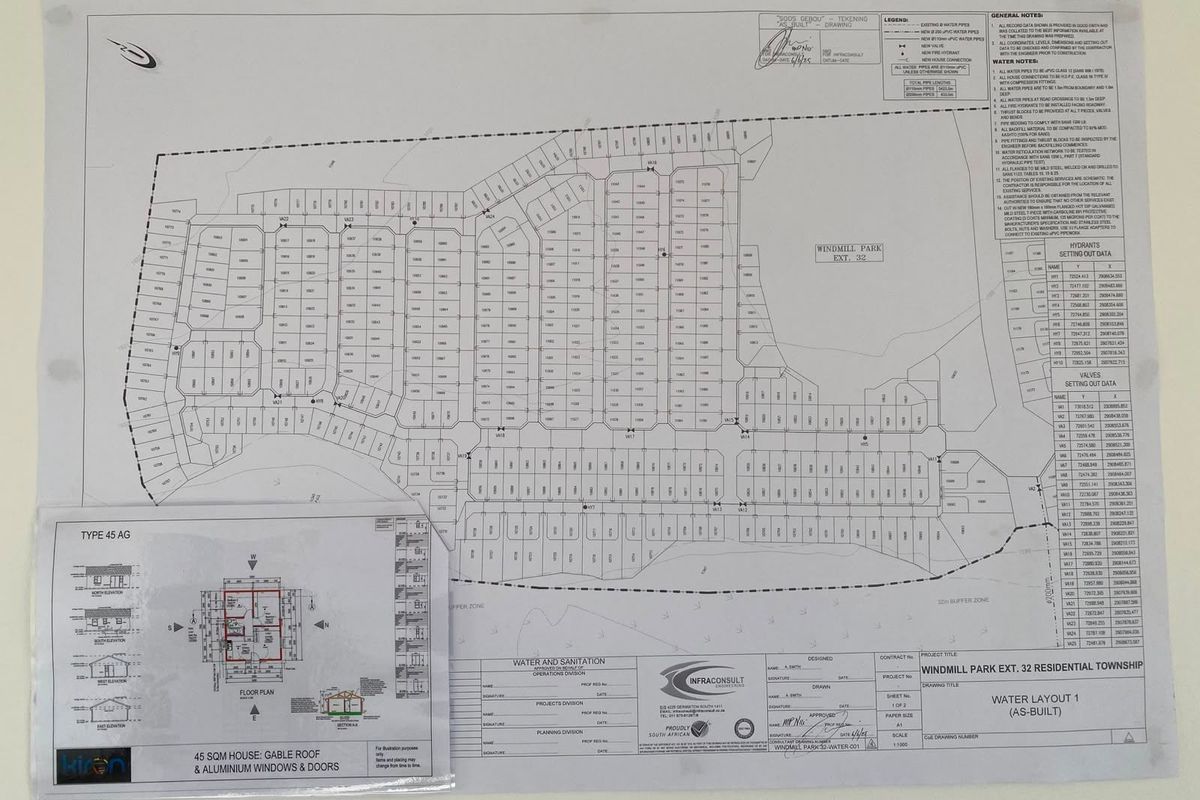 An as-built water layout plan for Windmill Park Extension 32, including a detailed site map and a floor plan for a 45 sqm house.