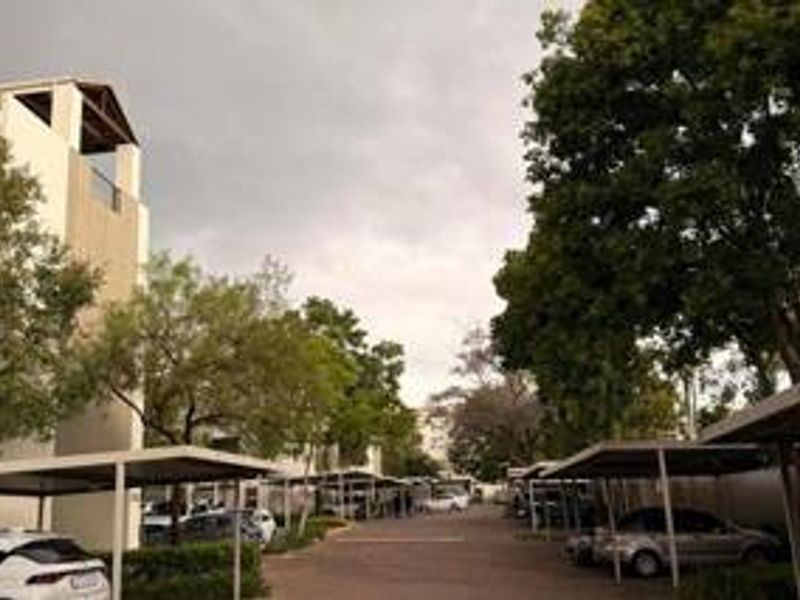 Exterior view of the apartment complex featuring covered parking bays and established trees along the driveway.