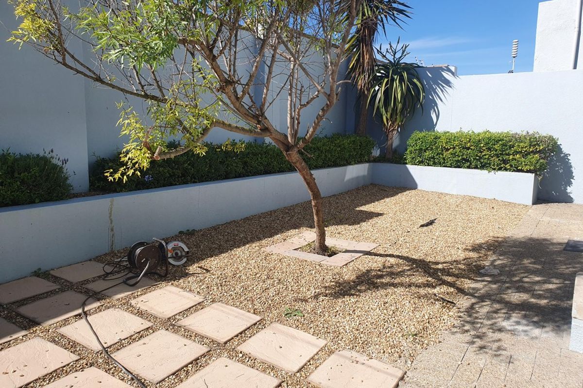 A low-maintenance rear courtyard featuring paved sections, gravel landscaping, and a raised retaining wall with established hedging.