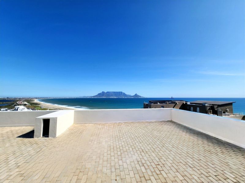 Spacious rooftop terrace featuring paved flooring, a built-in braai, and panoramic views of the ocean and Table Mountain.