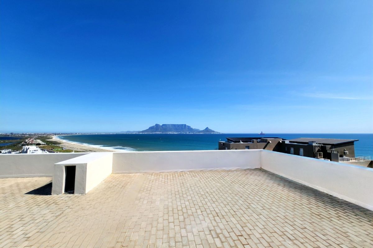 Spacious rooftop terrace featuring paved flooring, a built-in braai, and panoramic views of the ocean and Table Mountain.