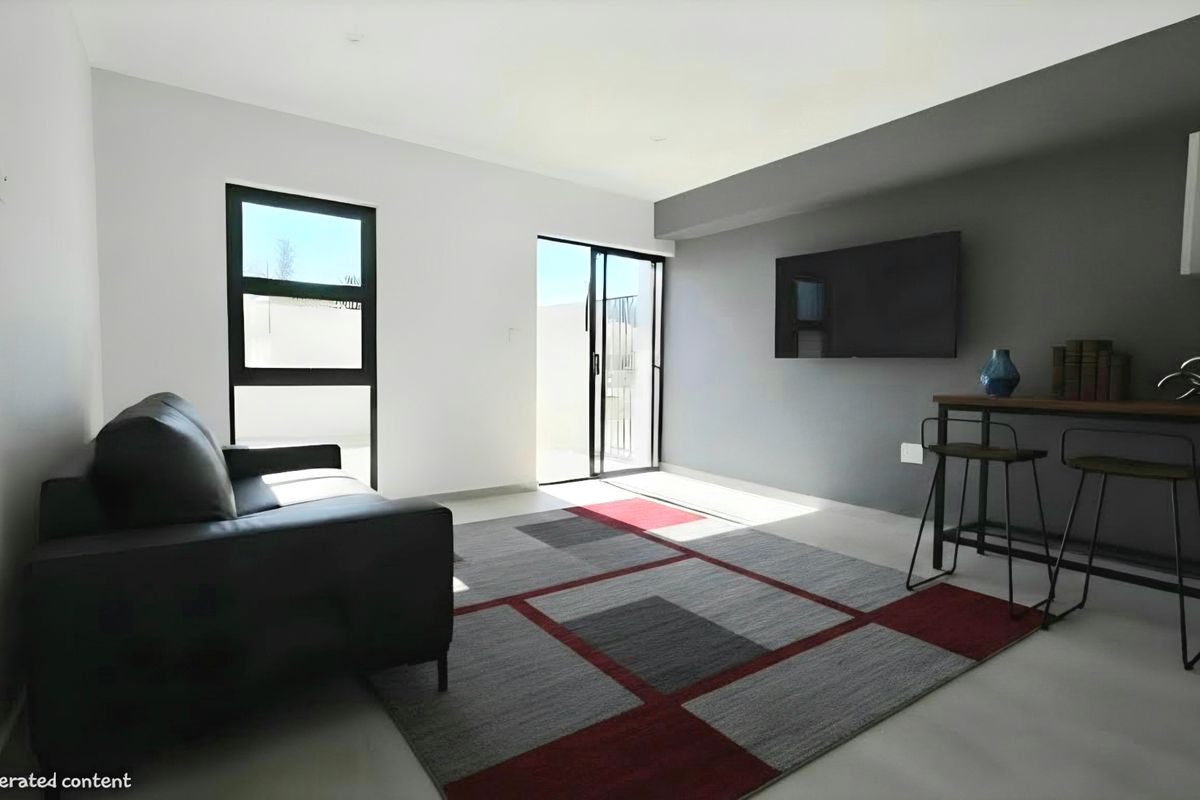Modern living room featuring neutral walls, a dark accent wall, sliding glass doors leading to an outdoor area, and a wall-mounted gas geyser.