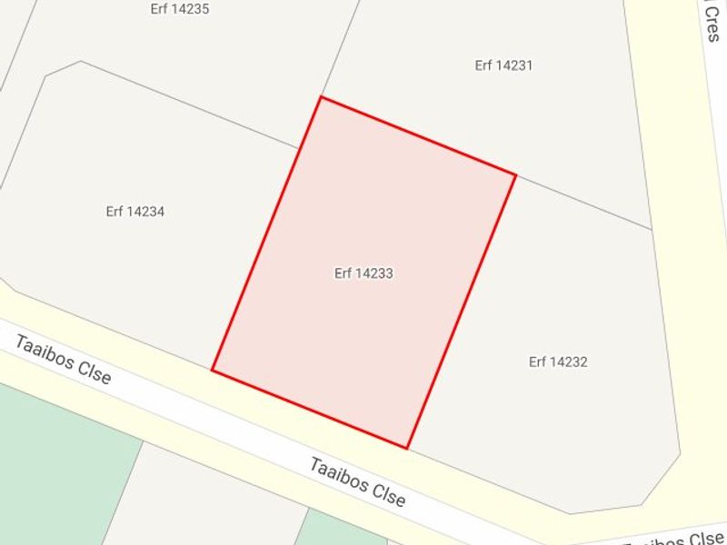 A cadastral map showing the location and boundaries of Erf 14233 situated on Taaibos Close.