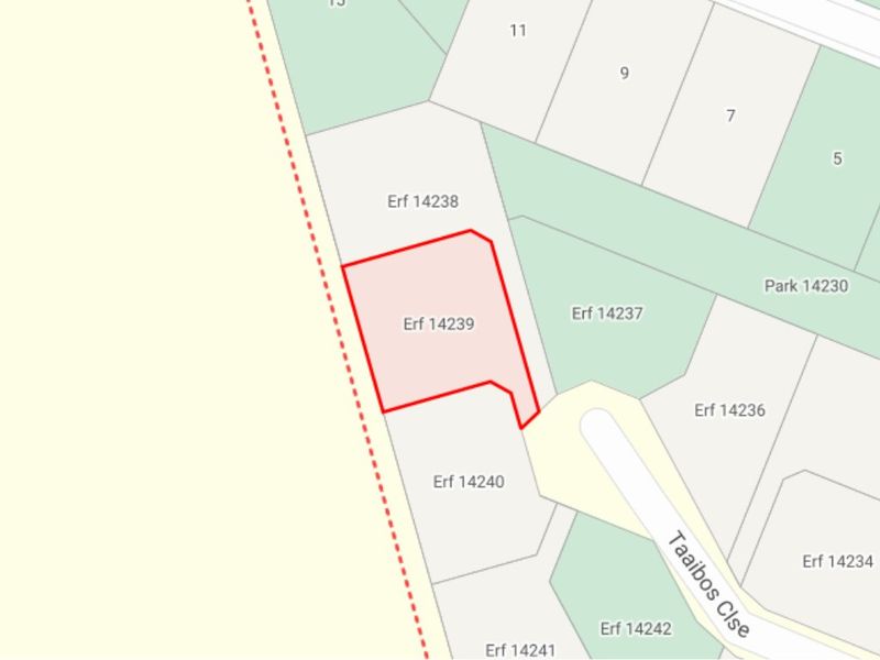 A cadastral map showing the location and boundaries of Erf 14239 within the residential estate layout.