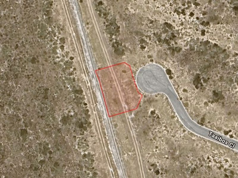 Aerial view of a vacant residential plot outlined in red, situated adjacent to a paved cul-de-sac in a natural landscape setting.