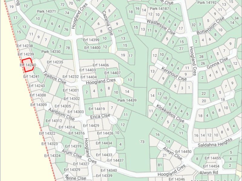 A cadastral map showing the location of Erf 14240 within the residential estate layout.
