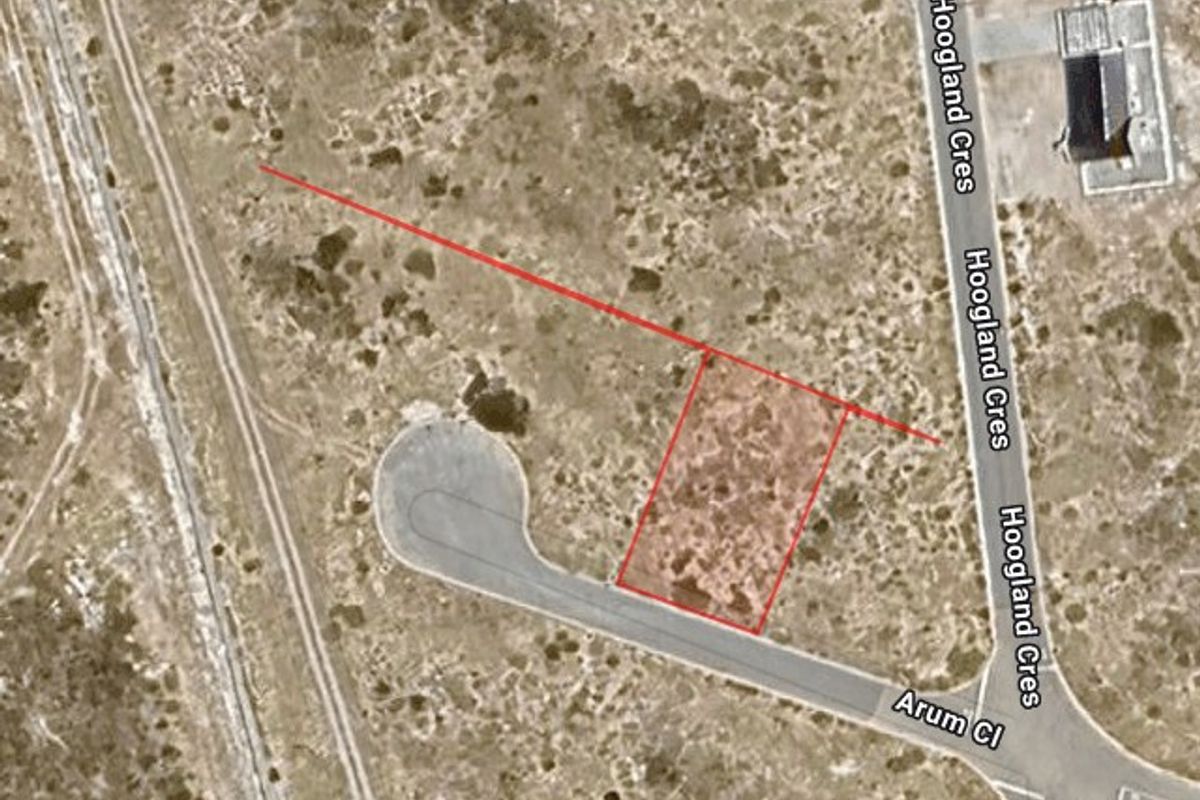 Aerial view of a vacant residential plot located at the corner of Arum Close and Hoogland Crescent, showing surrounding street infrastructure.