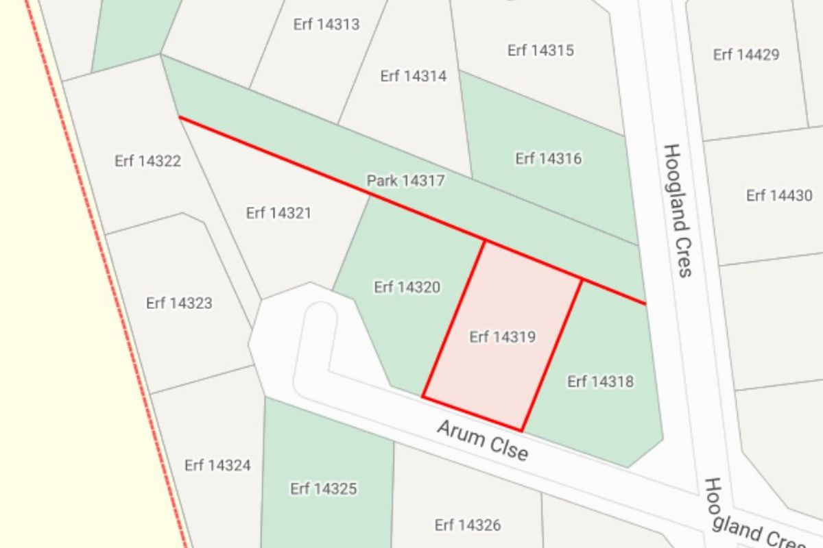 A cadastral map showing the location and boundaries of Erf 14319 situated on Arum Close.