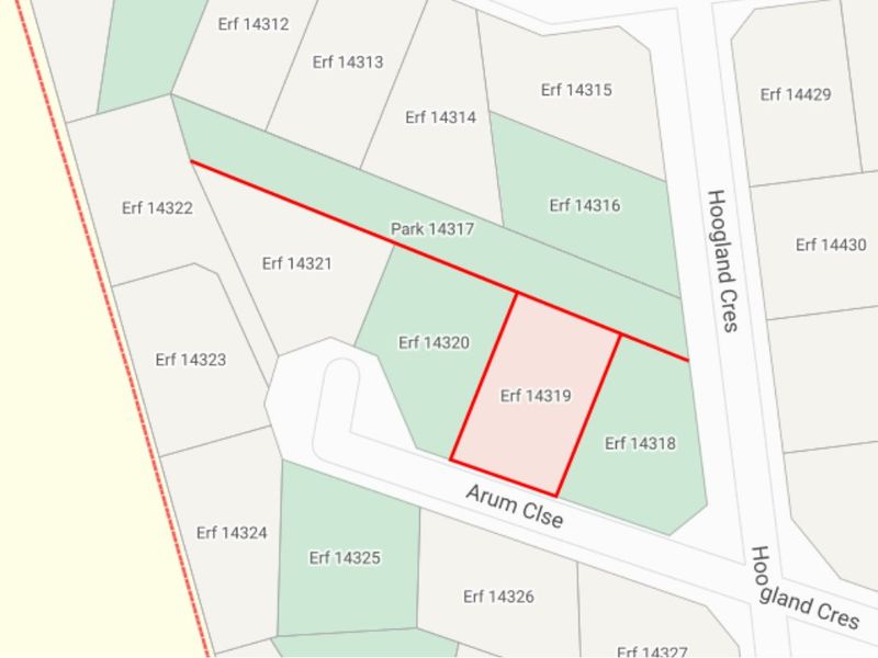 A cadastral map showing the location and boundaries of Erf 14319 situated on Arum Close.