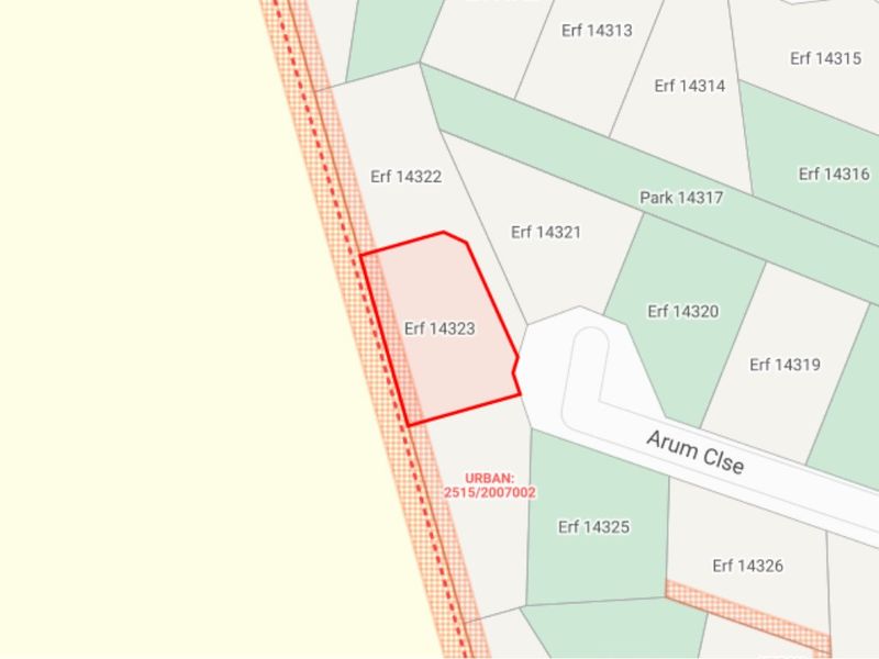 A cadastral map showing the location and boundaries of Erf 14323 within the residential estate.