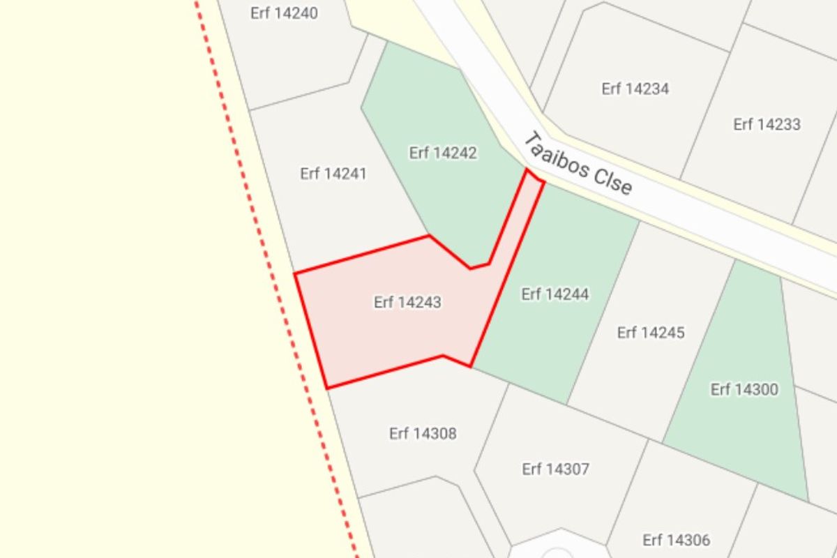 A cadastral map showing the location and boundaries of Erf 14243 in relation to surrounding residential plots and Taaibos Close.