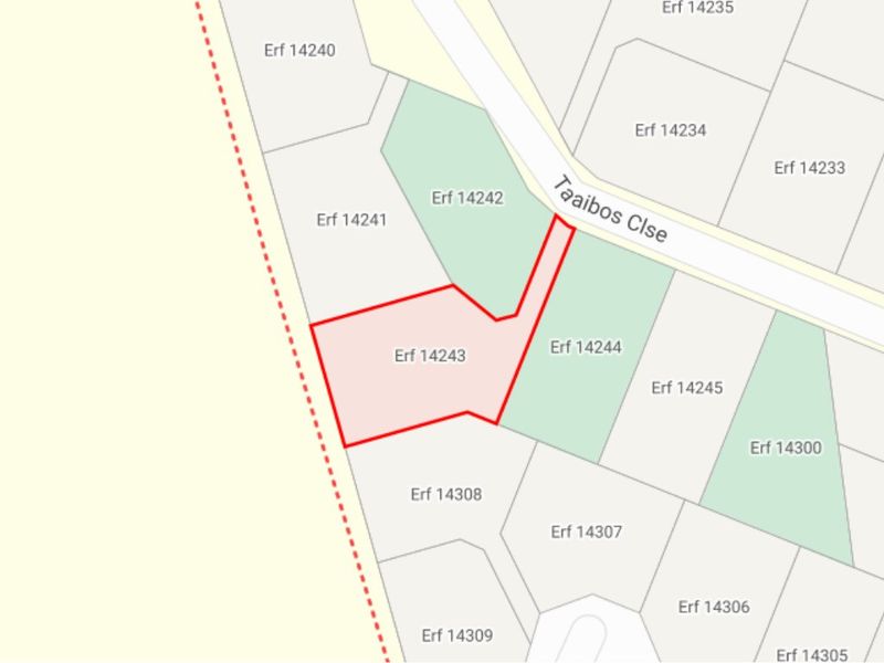 A cadastral map showing the location and boundaries of Erf 14243 in relation to surrounding residential plots and Taaibos Close.