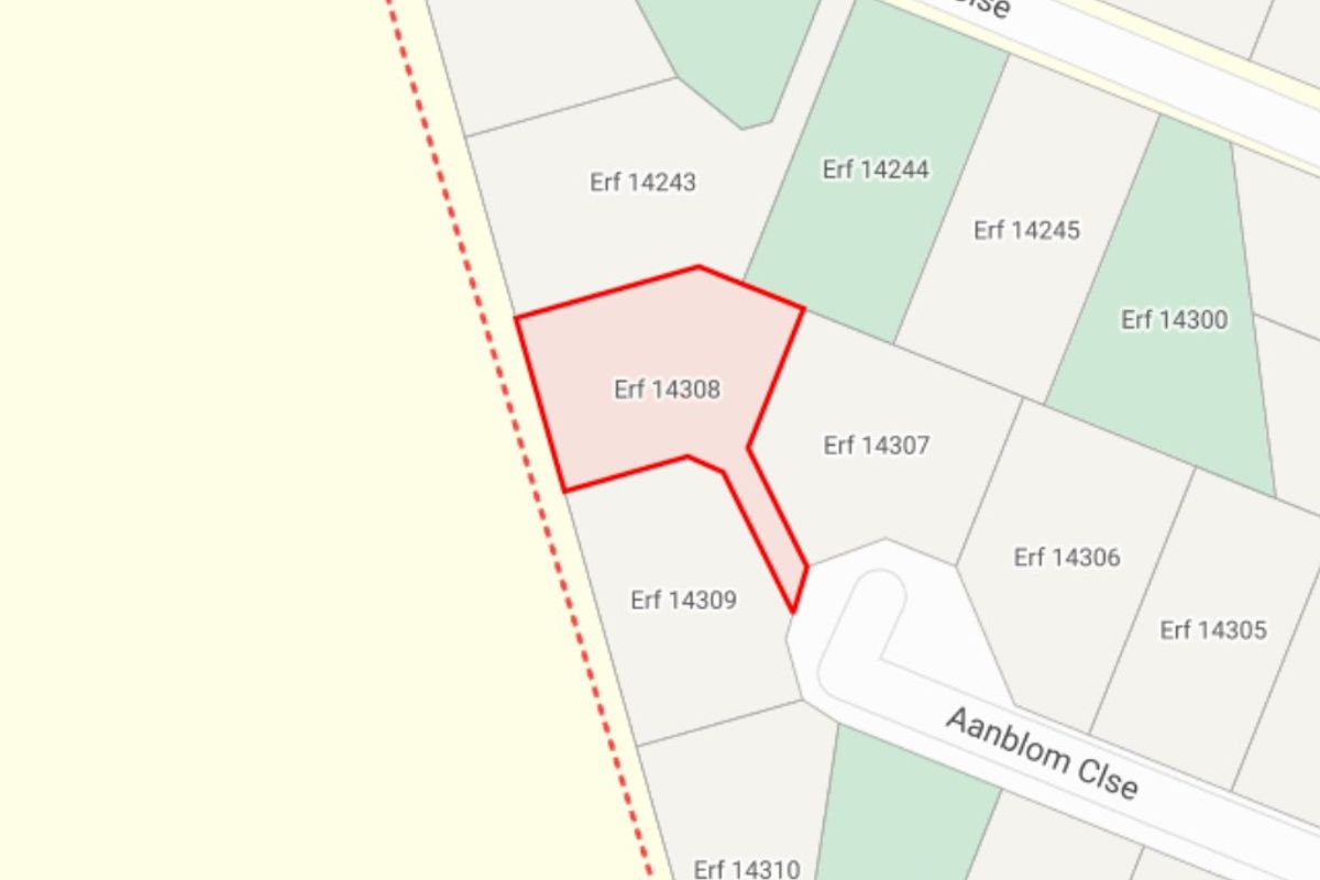 A cadastral map showing the location and boundaries of Erf 14308 within the residential estate.