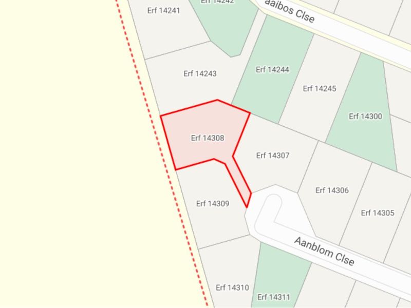 A cadastral map showing the location and boundaries of Erf 14308 within the residential estate.