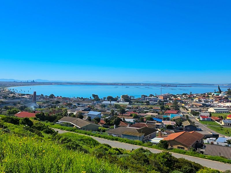 A scenic elevated view overlooking the coastal town and bay, showcasing the surrounding landscape and residential area.
