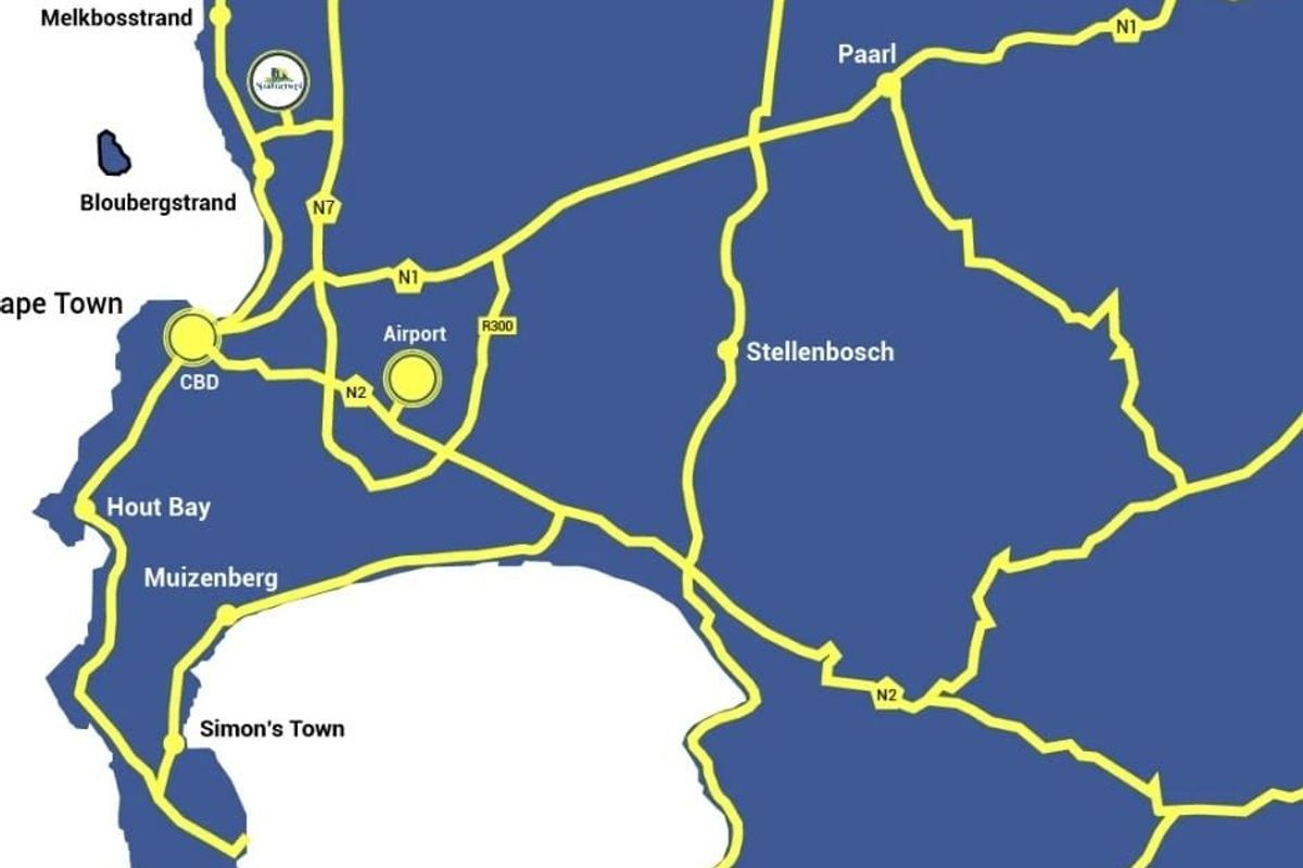 A regional map showing major road networks and locations surrounding Cape Town.