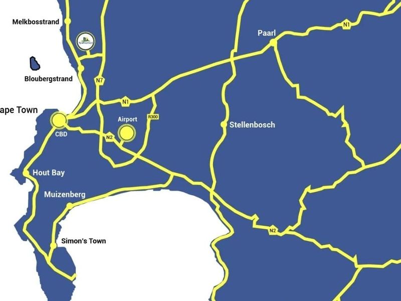 A regional map showing major road networks and locations surrounding Cape Town.