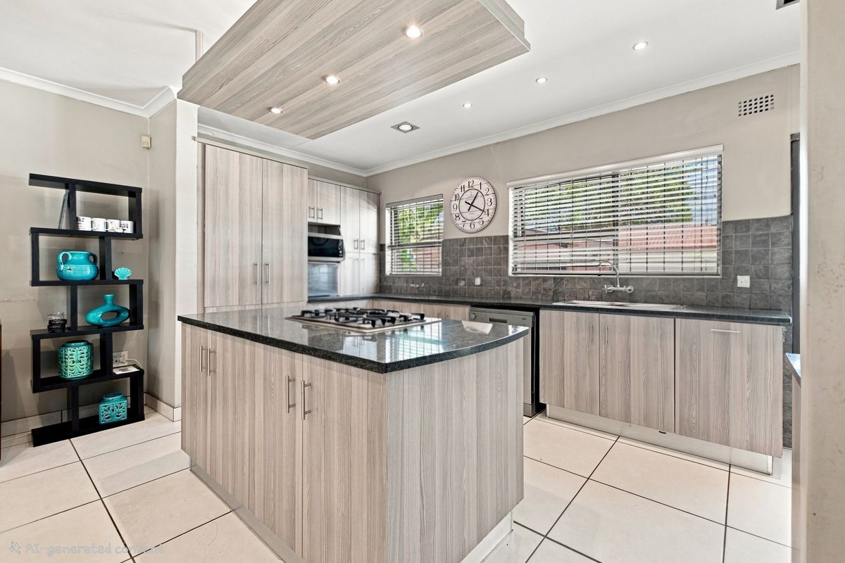 Modern kitchen featuring light wood-grain cabinetry, a central island with a gas cooktop, stone countertops, and a tiled backsplash with recessed lighting.